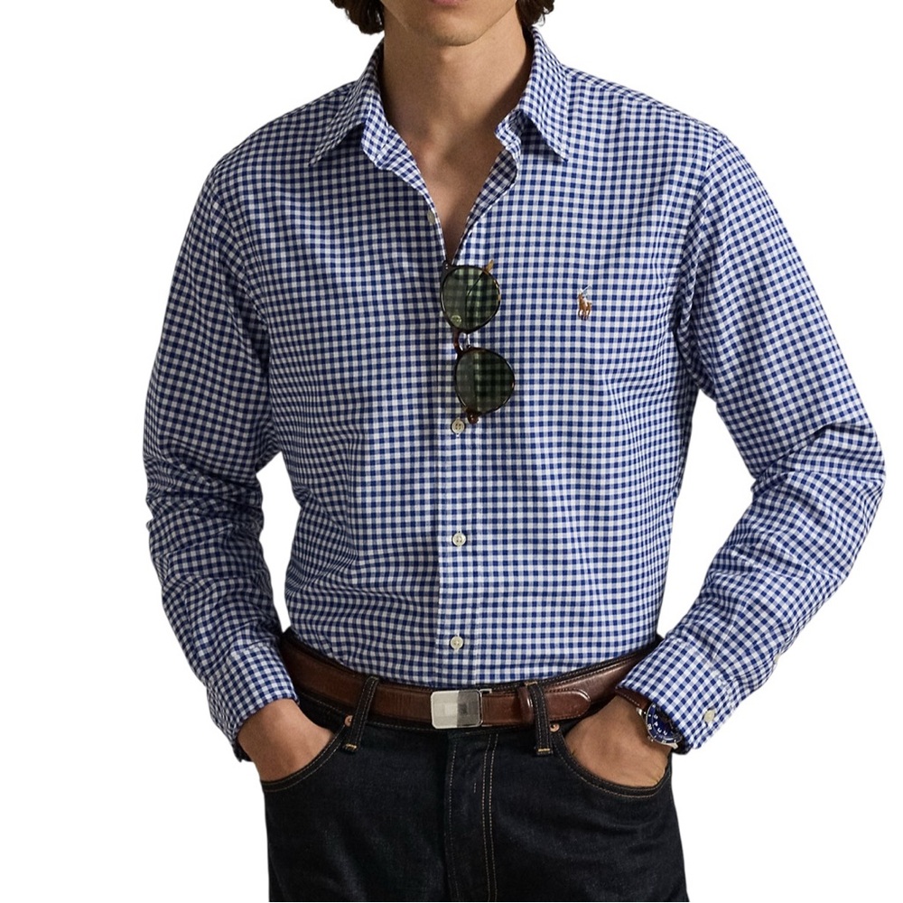 Ralph Lauren Shirt Men’s Large Blue Gingham Button Down Gauze Long Sleeve Double